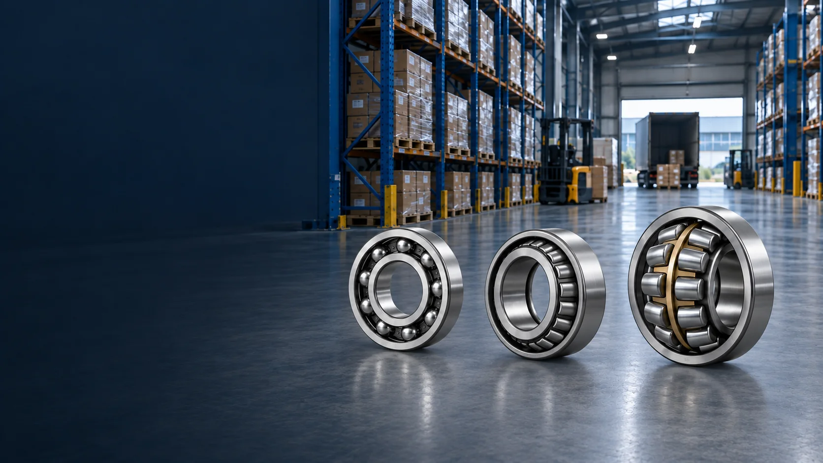 Illustration of three industrial bearing types and an export warehouse